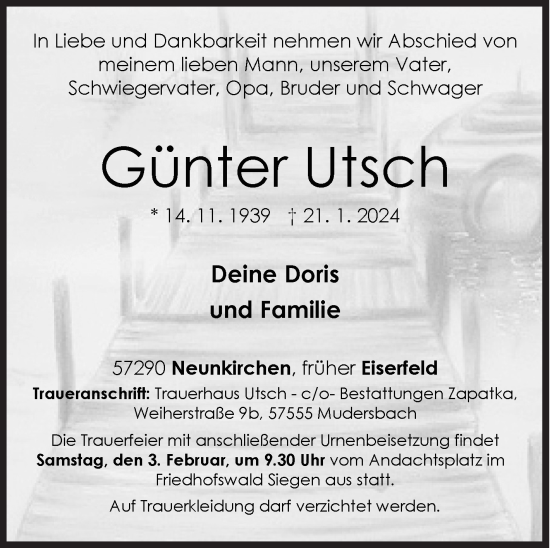 Traueranzeige von Günter Utsch von Siegener Zeitung