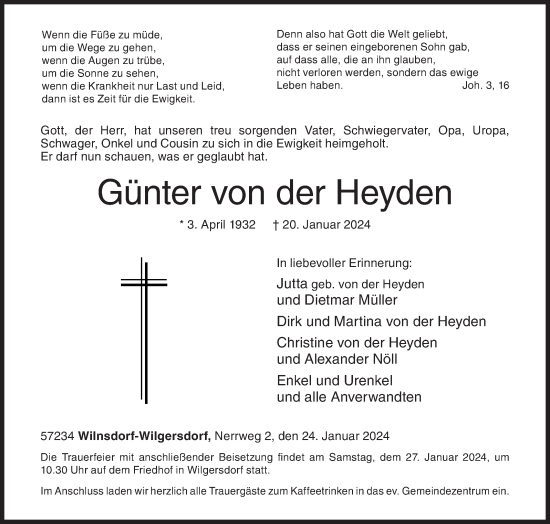 Traueranzeige von Günter von der Heyden von Siegener Zeitung