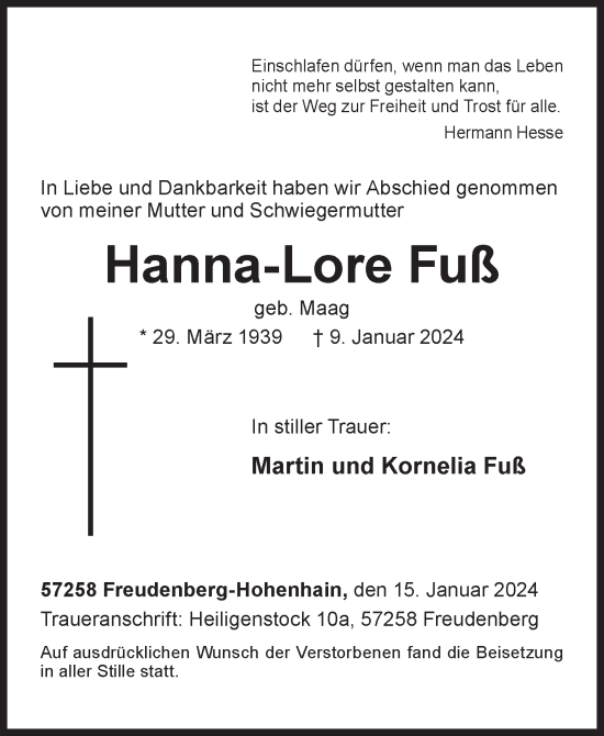 Traueranzeige von Hanna-Lore Fuß von Siegener Zeitung