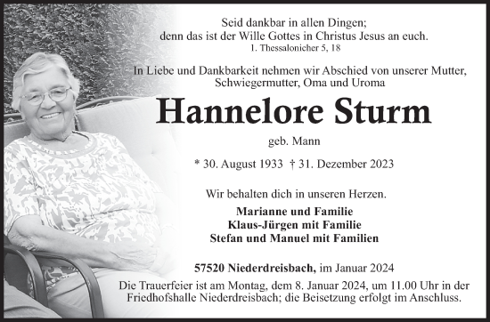 Traueranzeige von Hannelore Sturm von Siegener Zeitung