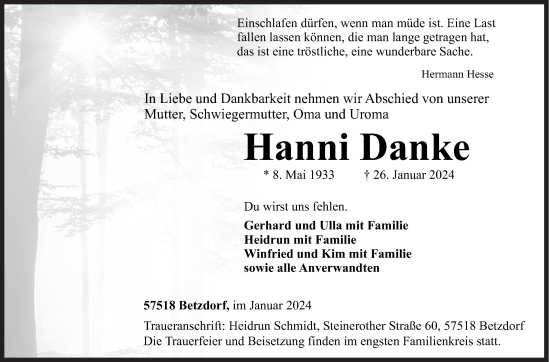 Traueranzeige von Hanni Danke von Siegener Zeitung