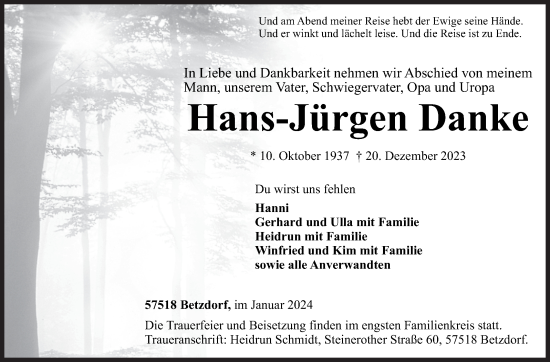 Traueranzeige von Hans-Jürgen Danke von Siegener Zeitung