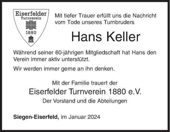 Traueranzeige von Hans Keller von Siegener Zeitung