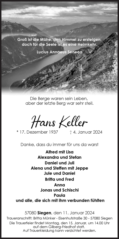 Traueranzeige von Hans Keller von Siegener Zeitung