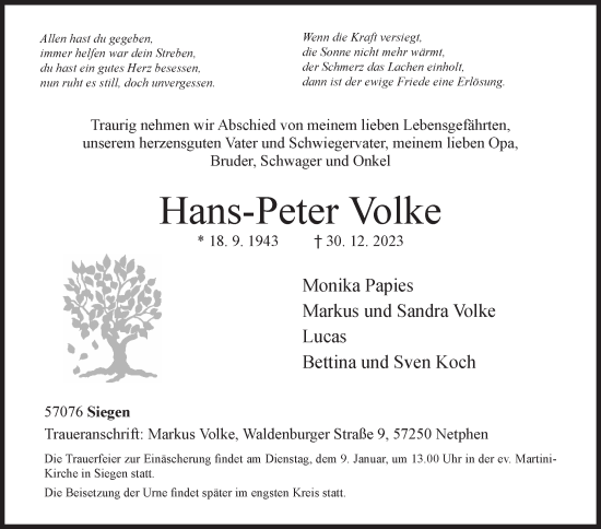 Traueranzeige von Hans-Peter Volke von Siegener Zeitung