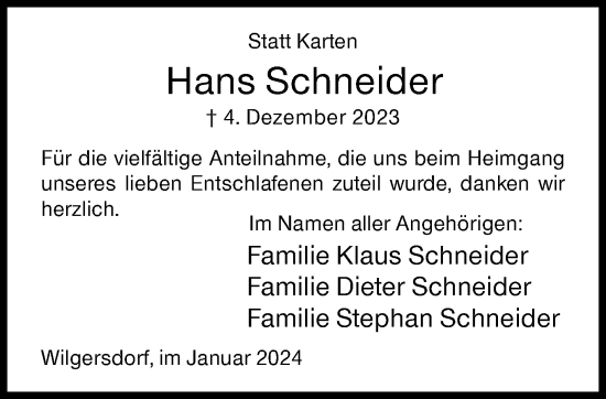 Traueranzeige von Hans Schneider von Siegener Zeitung