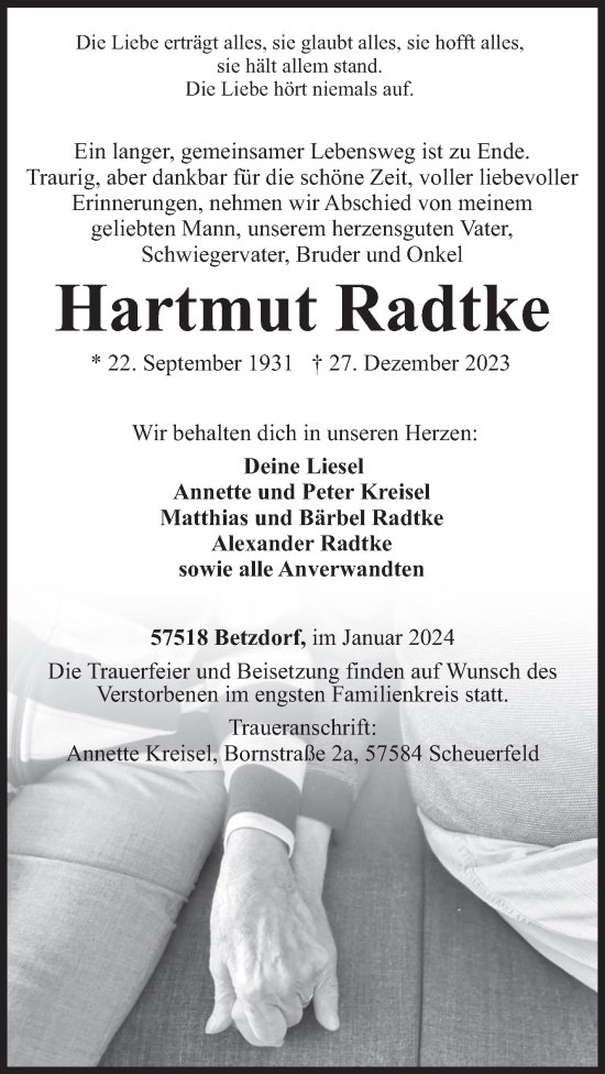 Traueranzeige von Hartmut Radtke von Siegener Zeitung