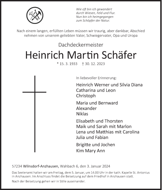 Traueranzeige von Heinrich Martin Schäfer von Siegener Zeitung