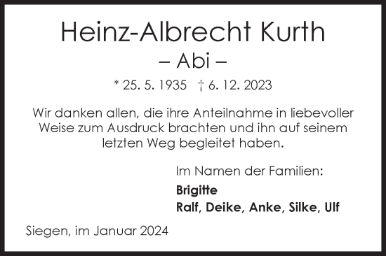 Traueranzeige von Heinz-Albrecht Kurth von Siegener Zeitung