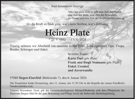 Traueranzeige von Heinz Plate von Siegener Zeitung