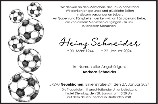 Traueranzeige von Heinz Schneider von Siegener Zeitung