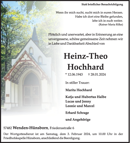 Traueranzeige von Heinz-Theo Hochhard von Siegener Zeitung