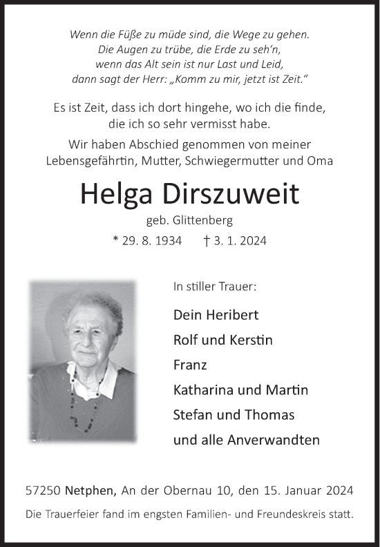 Traueranzeige von Helga Dirszuweit von Siegener Zeitung