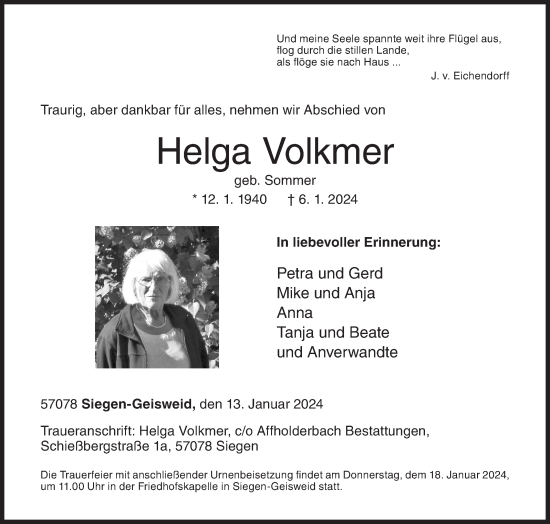 Traueranzeige von Helga Volkmer von Siegener Zeitung