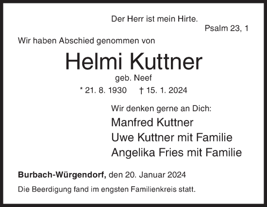 Traueranzeige von Helmi Kuttner von Siegener Zeitung