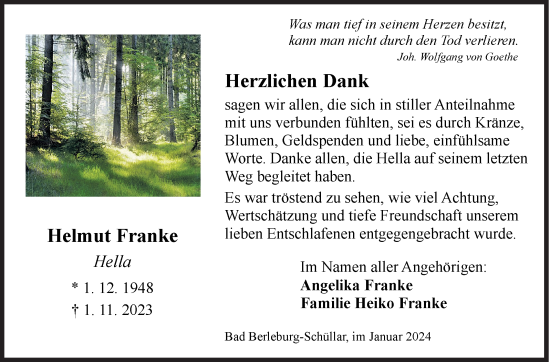 Traueranzeige von Helmut Franke von Siegener Zeitung