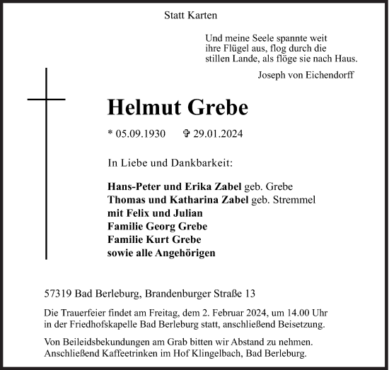 Traueranzeige von Helmut Grebe von Siegener Zeitung