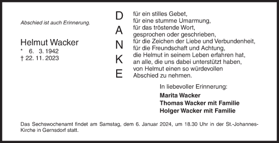 Traueranzeige von Helmut Wacker von Siegener Zeitung