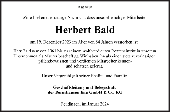 Traueranzeige von Herbert Bald von Siegener Zeitung