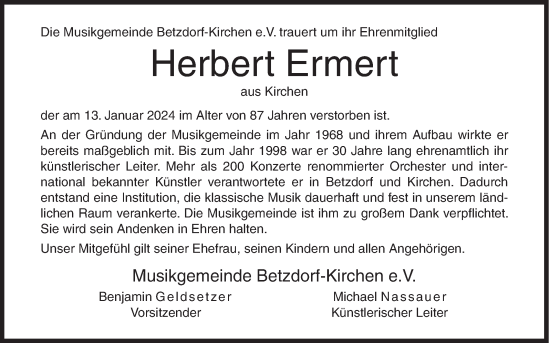 Traueranzeige von Herbert Ermert von Siegener Zeitung