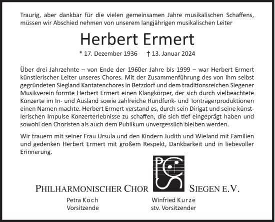 Traueranzeige von Herbert Ermert von Siegener Zeitung