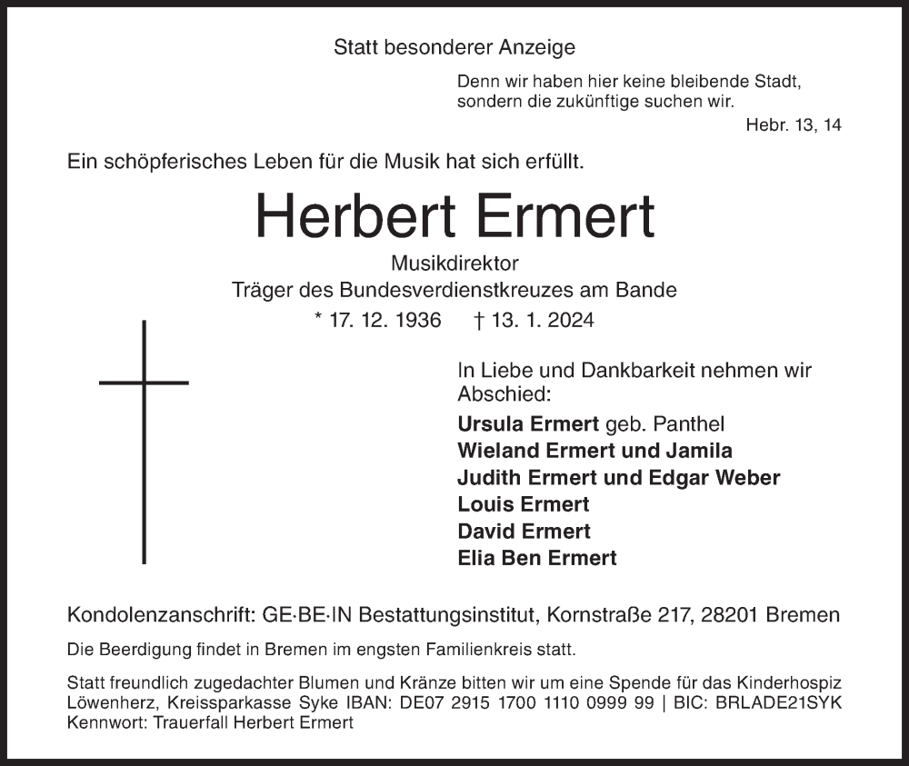  Traueranzeige für Herbert Ermert vom 20.01.2024 aus Siegener Zeitung