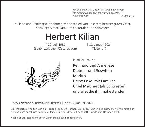 Traueranzeige von Herbert Kilian von Siegener Zeitung