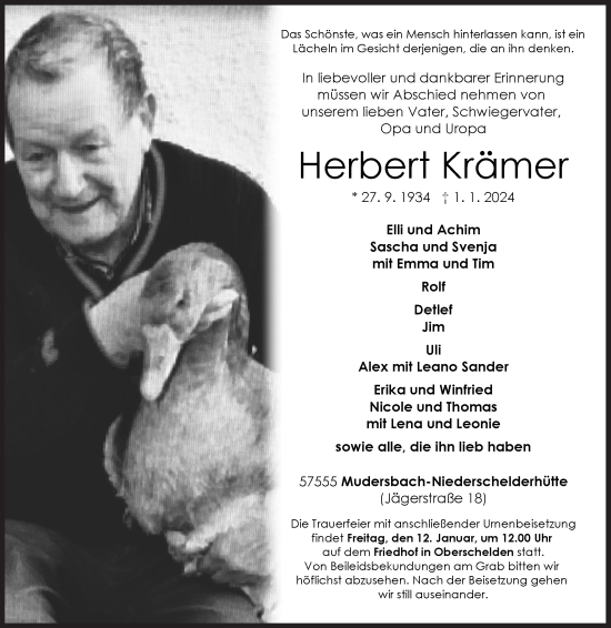 Traueranzeige von Herbert Krämer von Siegener Zeitung
