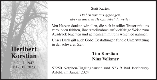 Traueranzeige von Heribert Korstian von Siegener Zeitung
