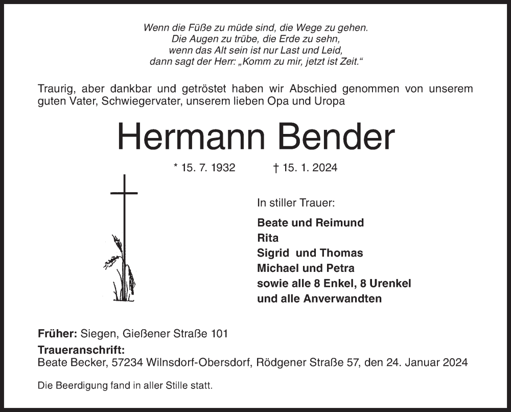  Traueranzeige für Hermann Bender vom 24.01.2024 aus Siegener Zeitung