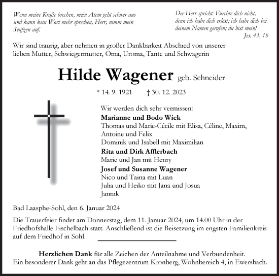 Traueranzeige von Hilde Wagener von Siegener Zeitung