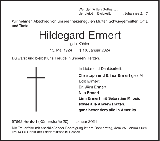 Traueranzeige von Hildegard Ermert von Siegener Zeitung