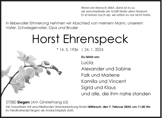 Traueranzeige von Horst Ehrenspeck von Siegener Zeitung