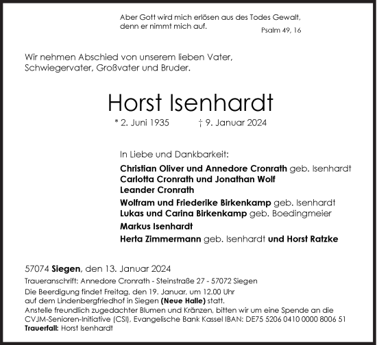 Traueranzeige von Horst Isenhardt von Siegener Zeitung
