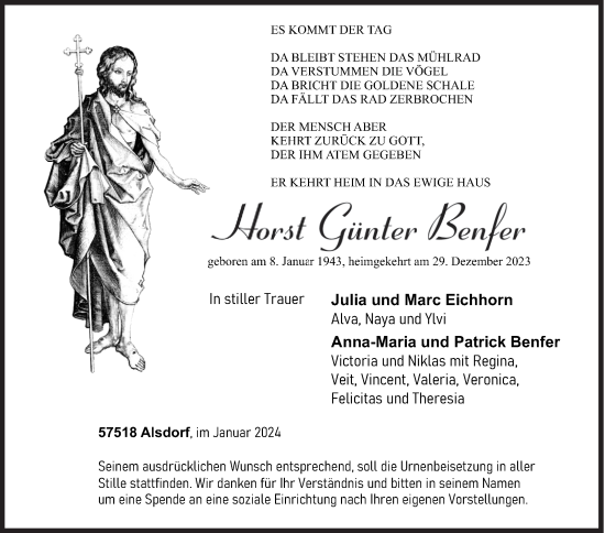 Traueranzeige von Host Günter Benfer von Siegener Zeitung