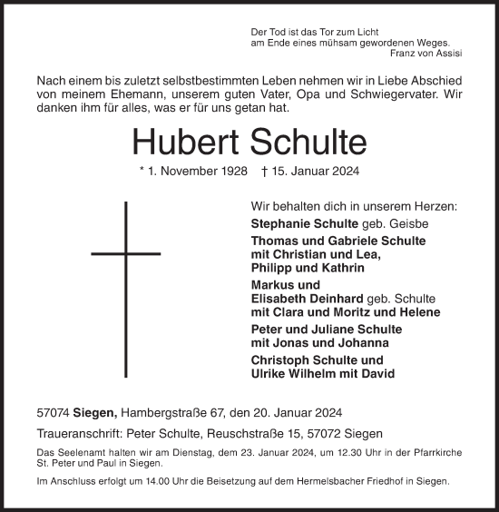 Traueranzeige von Hubert Schulte von Siegener Zeitung