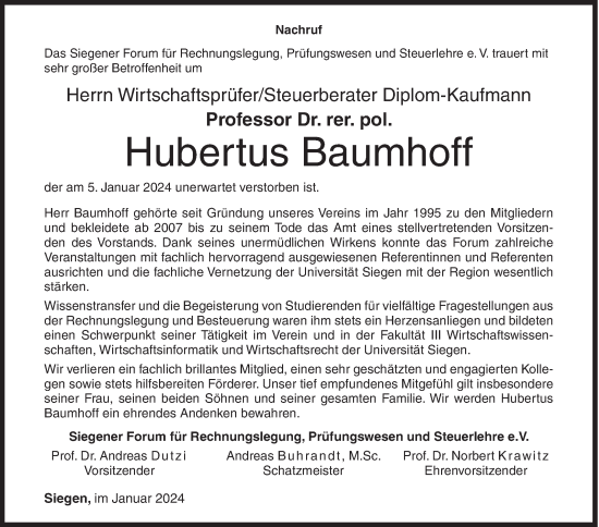 Traueranzeige von Hubertus Baumhoff von Siegener Zeitung