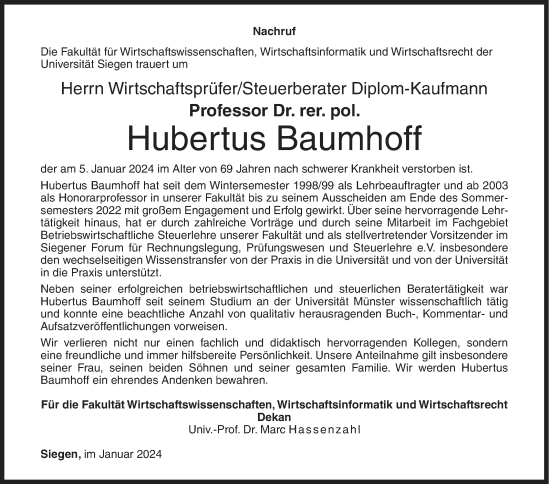 Traueranzeige von Hubertus Baumhoff von Siegener Zeitung