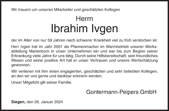 Traueranzeige von Ibrahim Ivgen von Siegener Zeitung