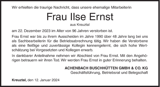 Traueranzeige von Ilse Ernst von Siegener Zeitung