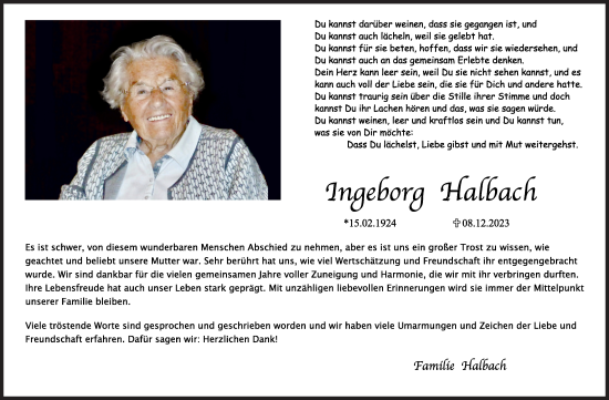 Traueranzeige von Ingeborg Halbach von Siegener Zeitung