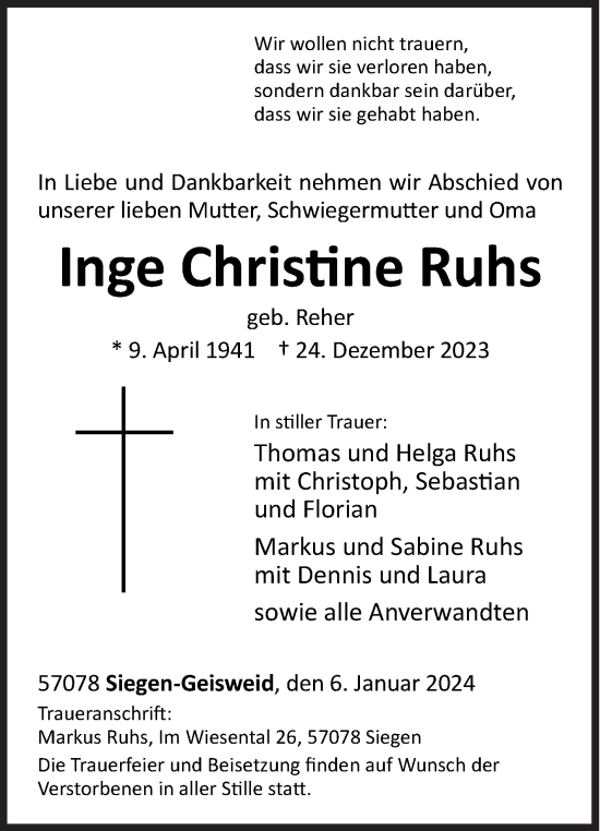 Traueranzeige von Inge Christine Ruhs von Siegener Zeitung
