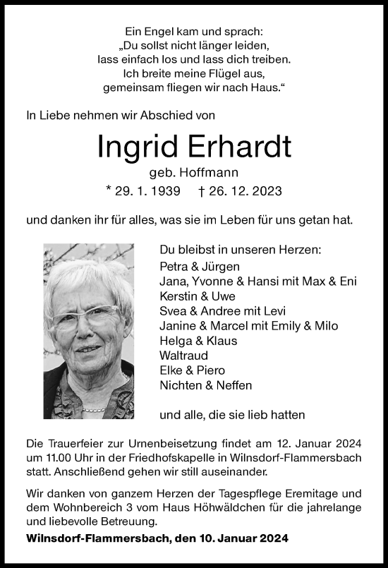 Traueranzeige von Ingrid Erhardt von Siegener Zeitung