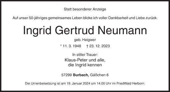 Traueranzeige von Ingrid Neumann von Siegener Zeitung