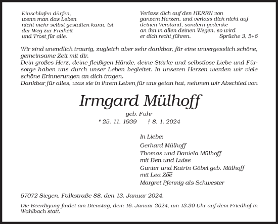 Traueranzeige von Irmgard Mülhoff von Siegener Zeitung