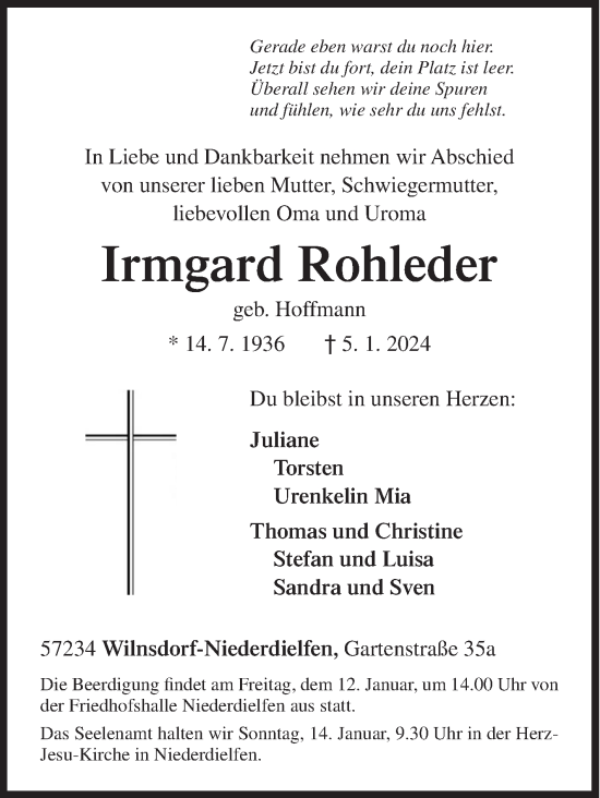 Traueranzeige von Irmgard Rohleder von Siegener Zeitung