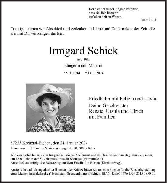 Traueranzeige von Irmgard Schick von Siegener Zeitung
