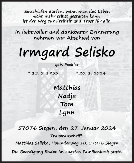Traueranzeige von Irmgard Selisko von Siegener Zeitung