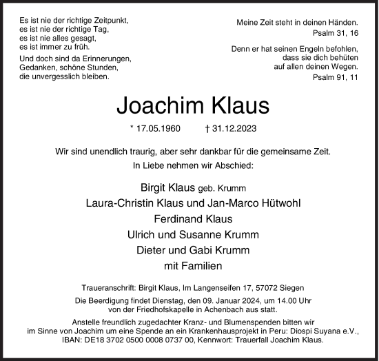 Traueranzeige von Joachim Klaus von Siegener Zeitung