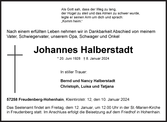 Traueranzeige von Johannes Halberstadt von Siegener Zeitung